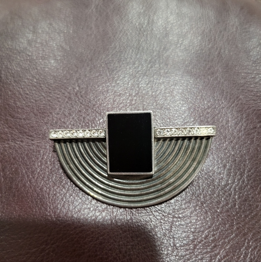 Stanning Vintage Art Deco Style. Sterling Silver 925 Black Onyx And Crystal Pin - Picture 2 of 6
